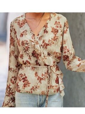 PERUVIAN CONNECTION Women Top M Gemma Wrap Blouse Ruffle Floral Feminine Boho